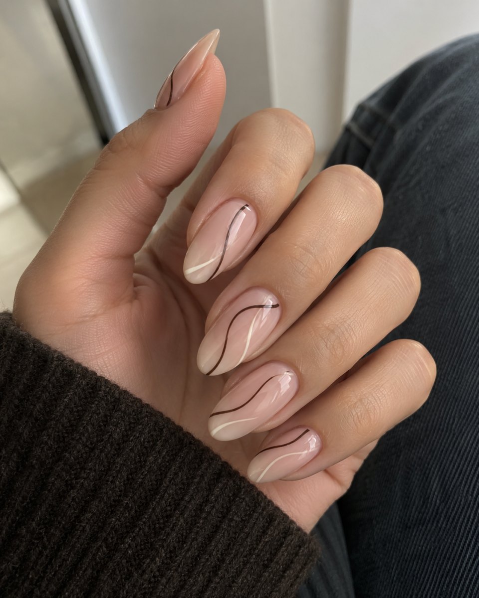 Minimal line pattern on almond nails