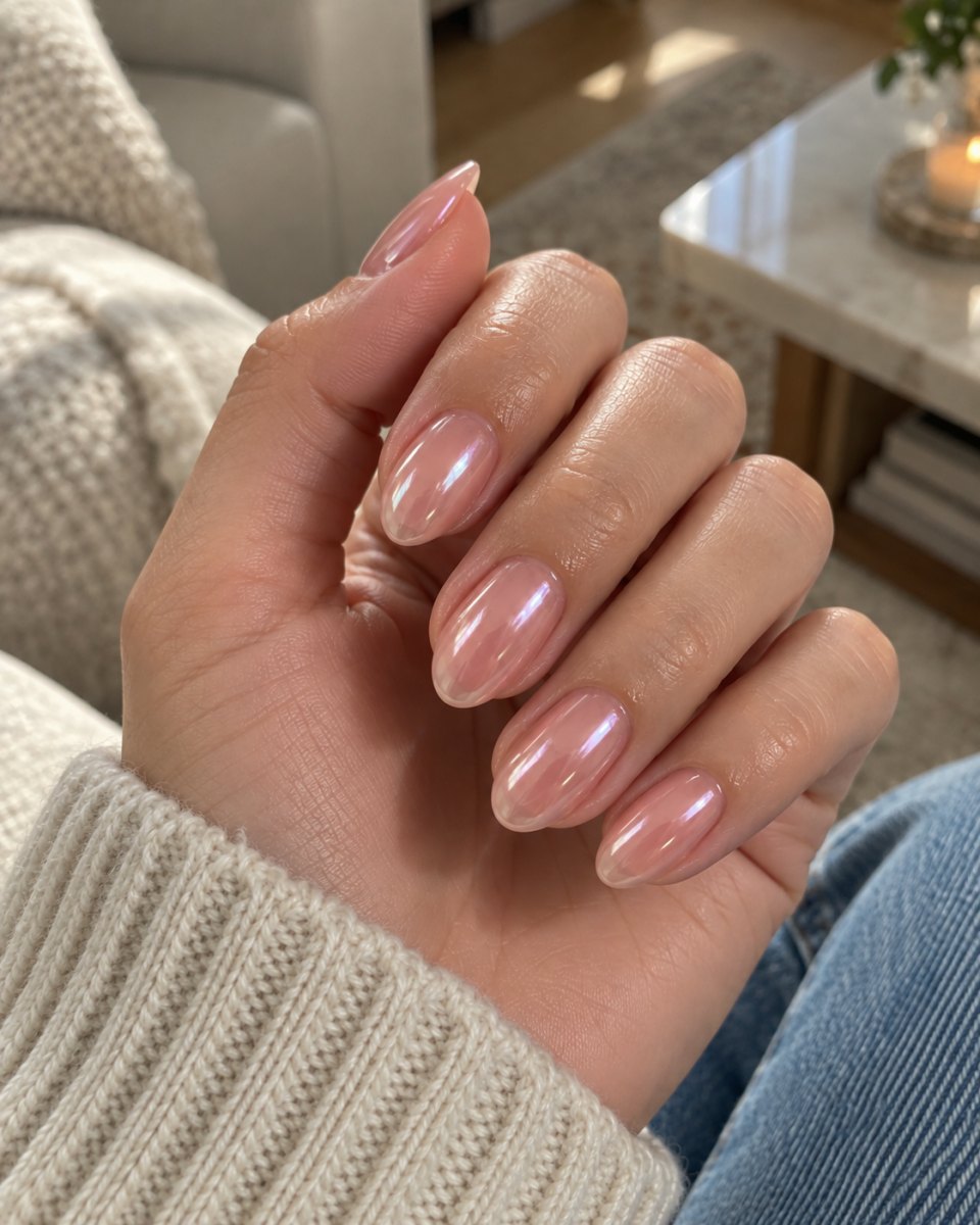 Iridescent Hailey Bieber glazed donut french tips almond nails