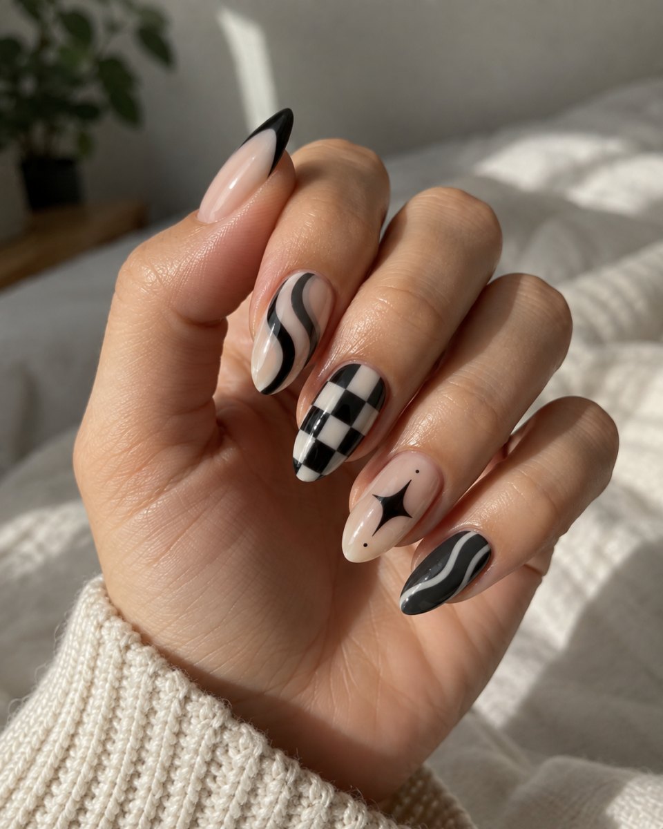 Monochrome patterned almond nails