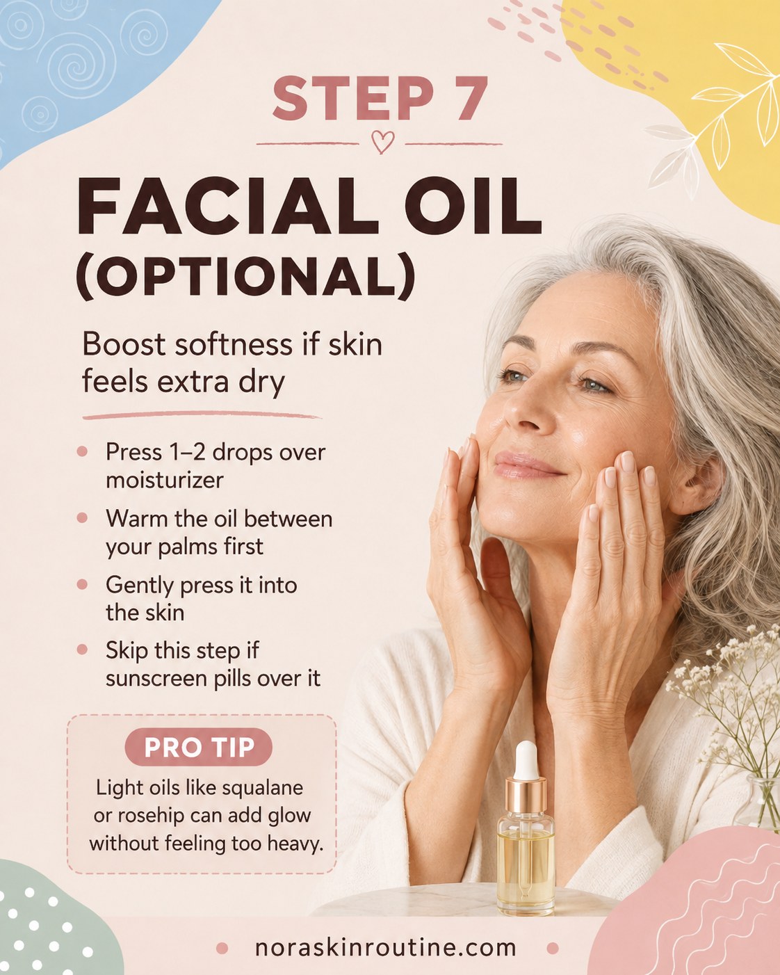 Pressing a light facial oil into the skin as an optional glow-boosting morning step