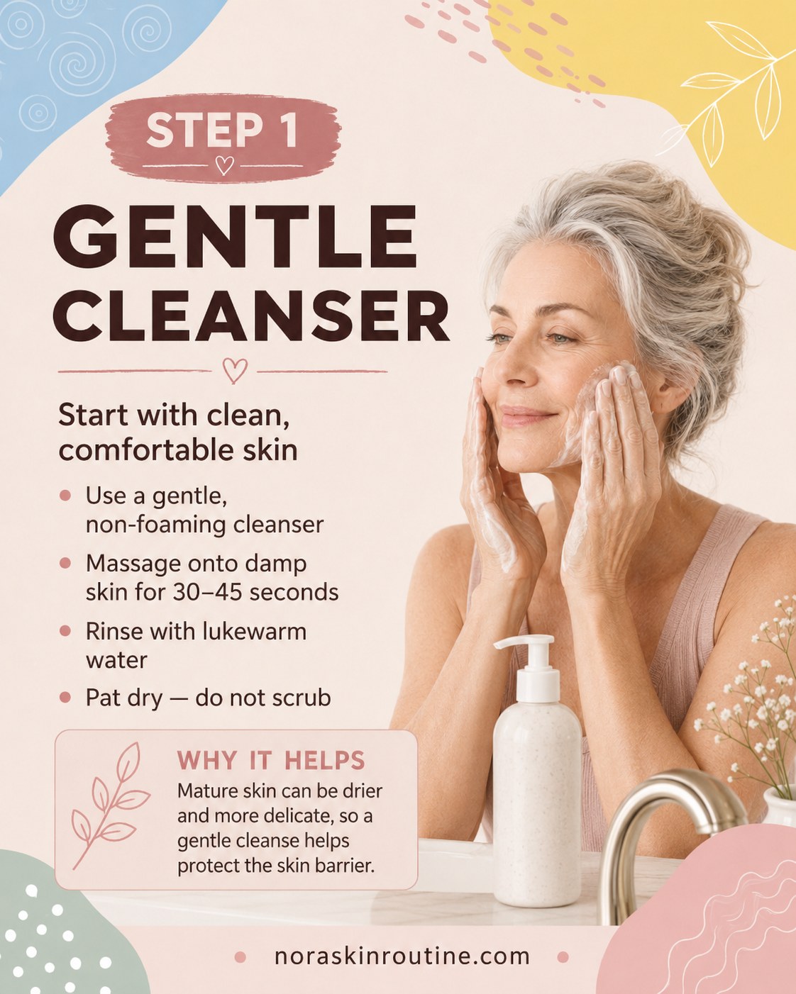 Woman gently cleansing her face as the first step of a morning skincare routine over 50