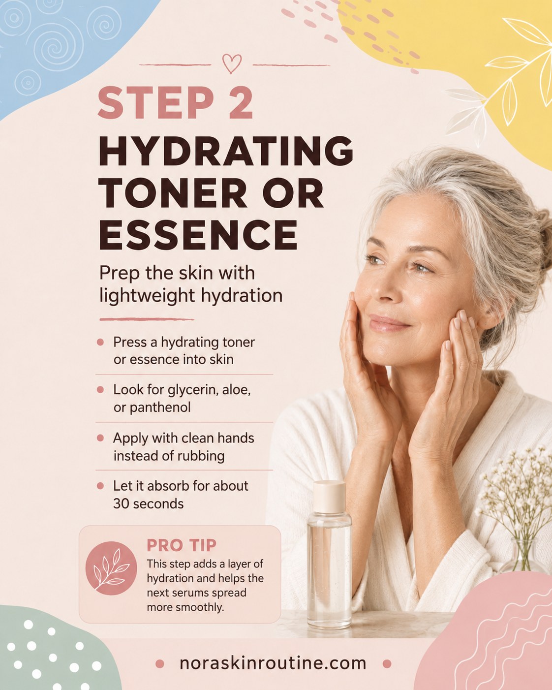 Pressing a hydrating toner into the skin to prep for a morning skincare routine over 50