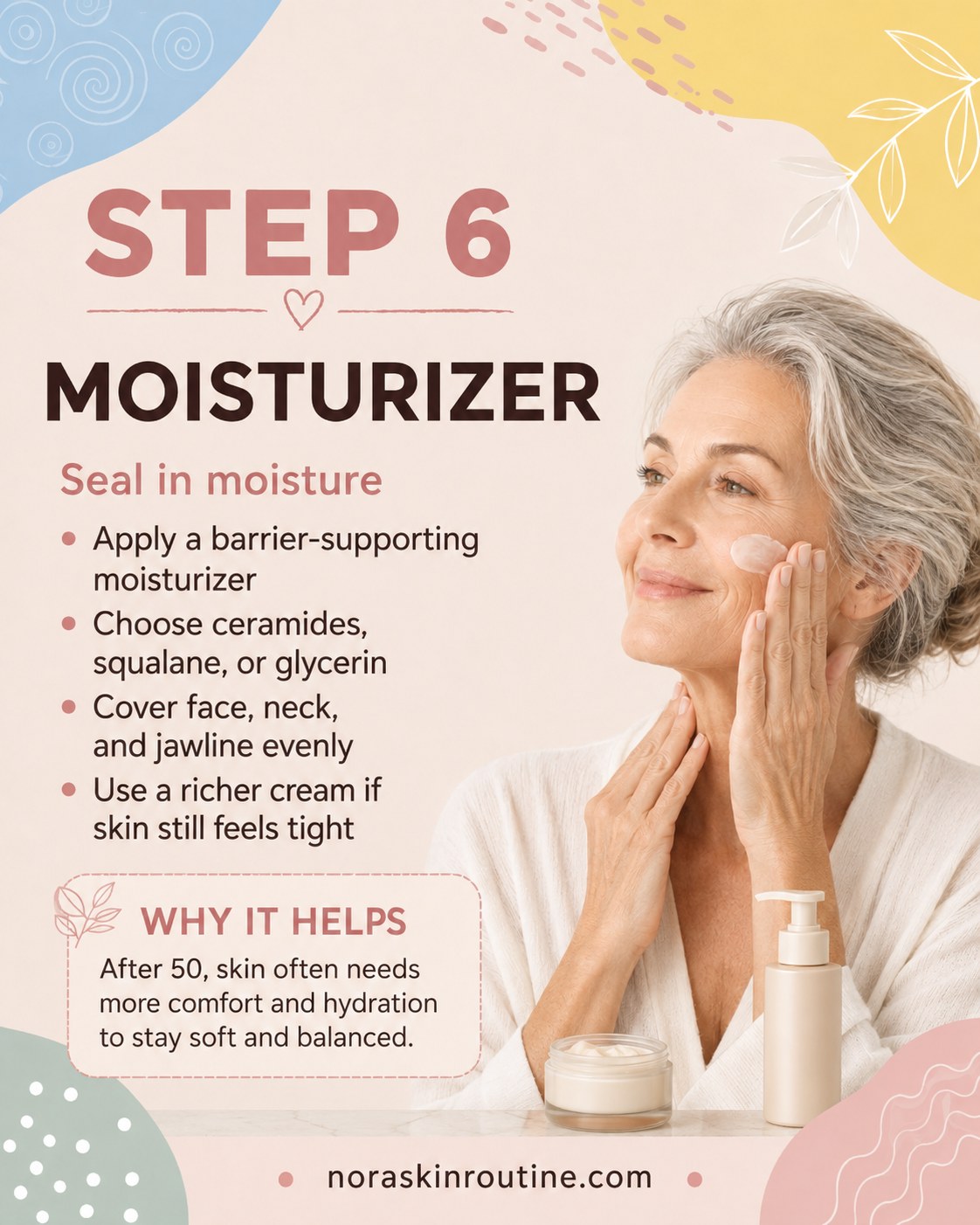 Applying a barrier-supporting moisturizer to seal in hydration for mature skin
