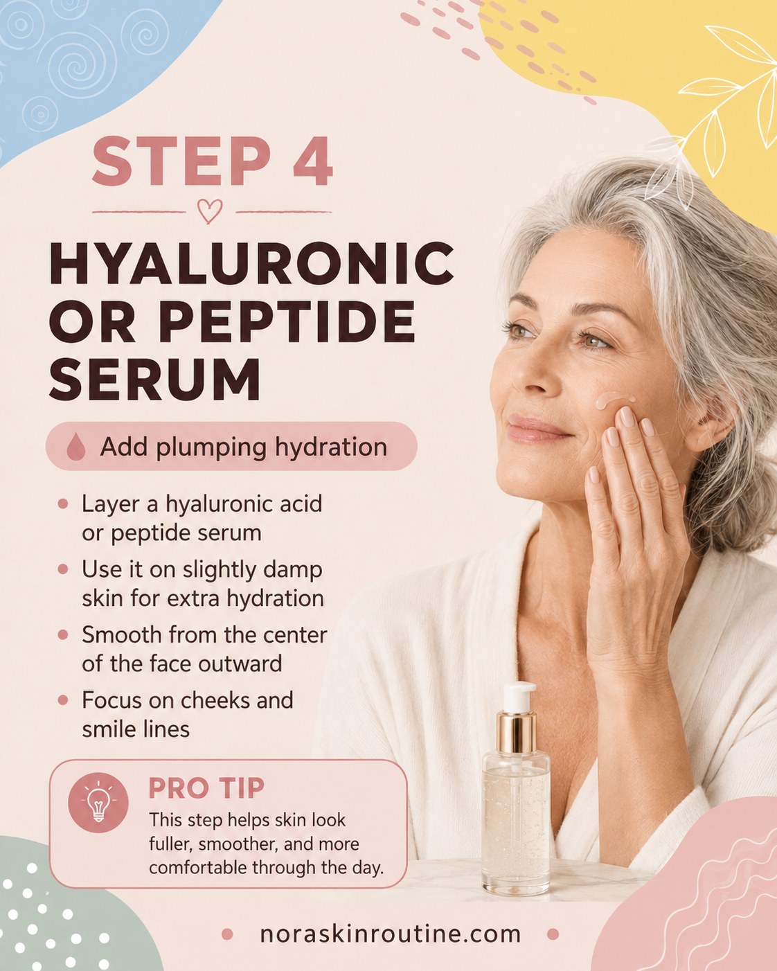 Smoothing a hyaluronic acid serum onto cheeks for plumper, more hydrated skin over 50