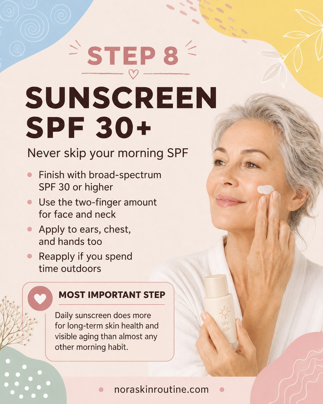 Applying broad-spectrum SPF 30 sunscreen as the final step of a morning skincare routine over 50