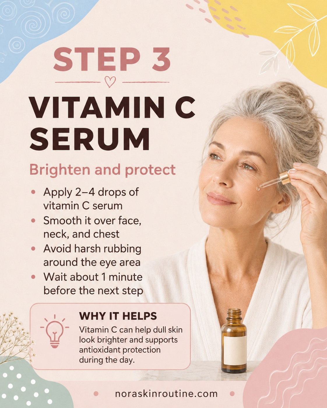 Applying vitamin C serum with a dropper to brighten skin during a morning skincare routine over 50