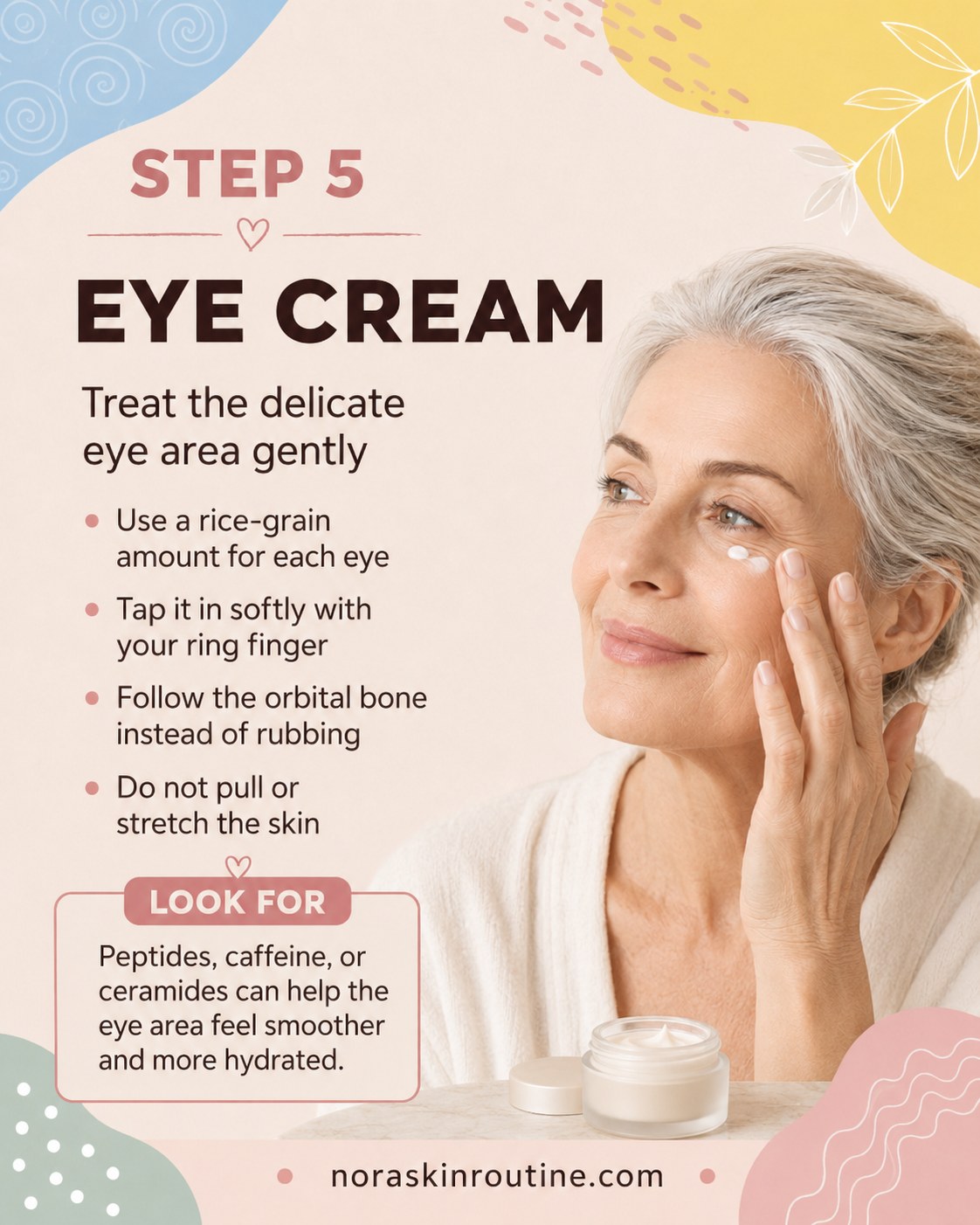 Tapping eye cream gently with a ring finger around the delicate eye area over 50