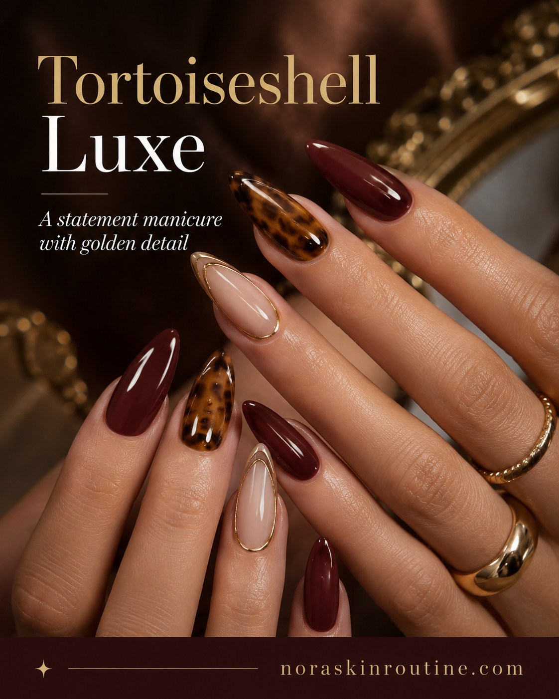 Tortoiseshell nail art paired with deep burgundy shows a statement design for deep skin tones.