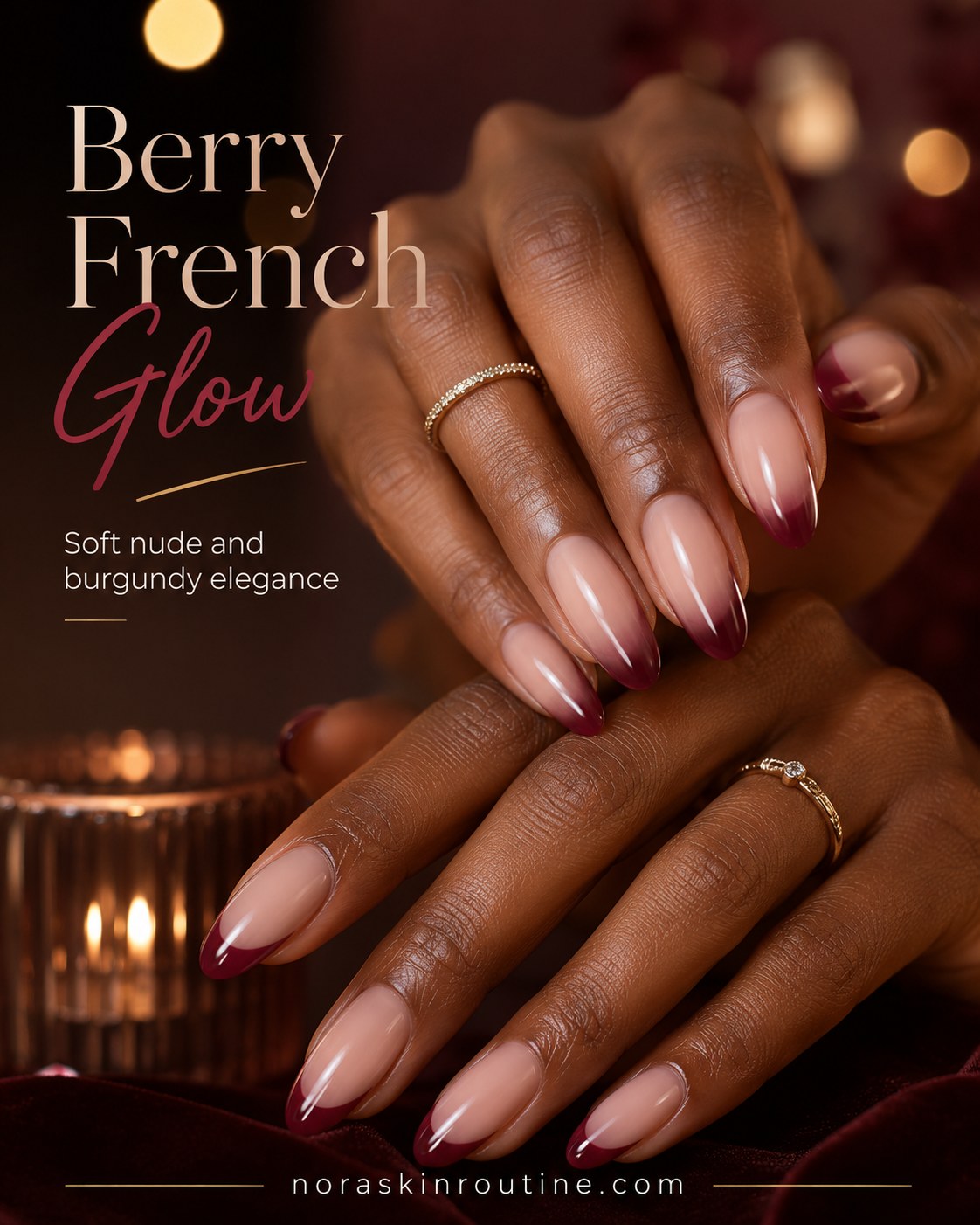 Berry French tips over a soft nude base create an elegant look for deep skin tones.