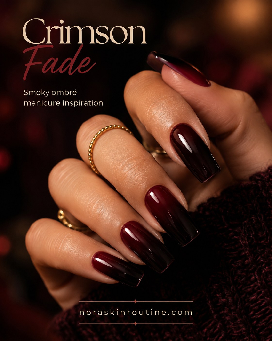 Crimson fade ombré nails deepen from red to black, a smoky manicure idea for deep skin tones.
