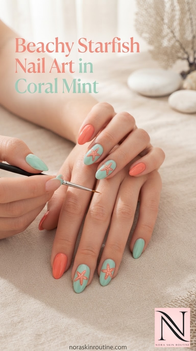 Beachy Starfish Nail Art in Coral Mint