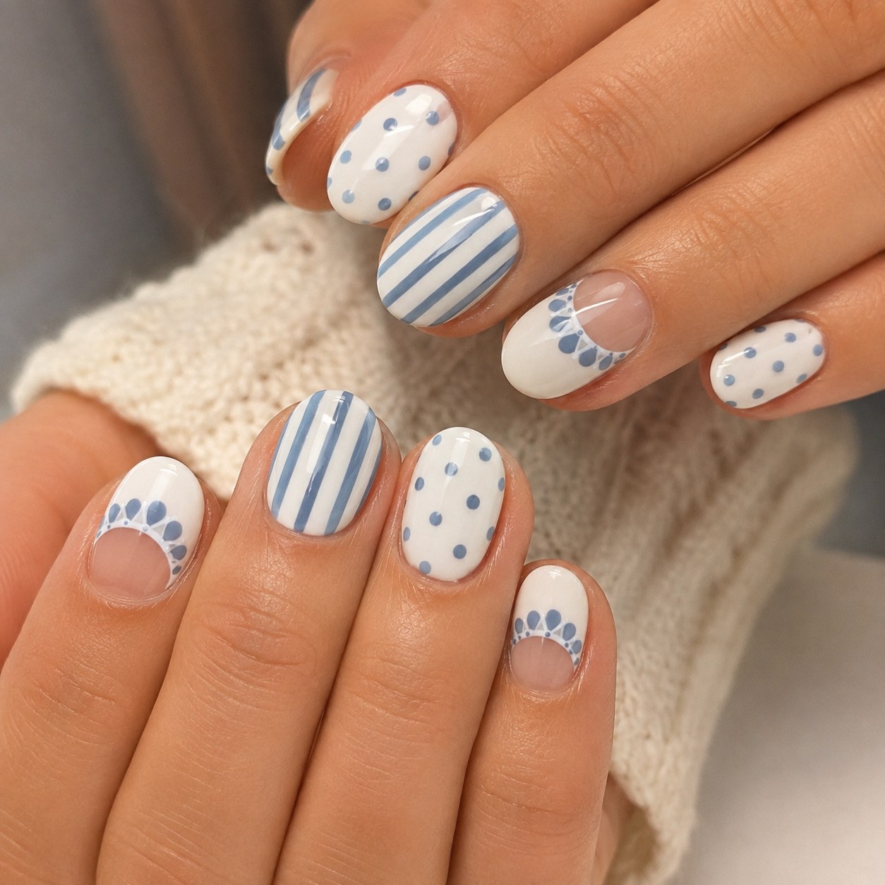 White pastel nails with dusty blue polka dots and stripes for a spring manicure