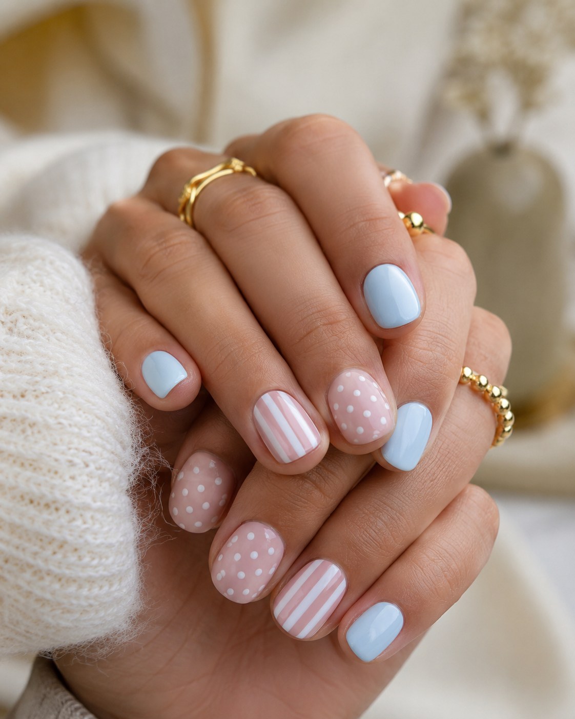 Short mix-and-match pastel nails with blue, pink dots and stripes for spring