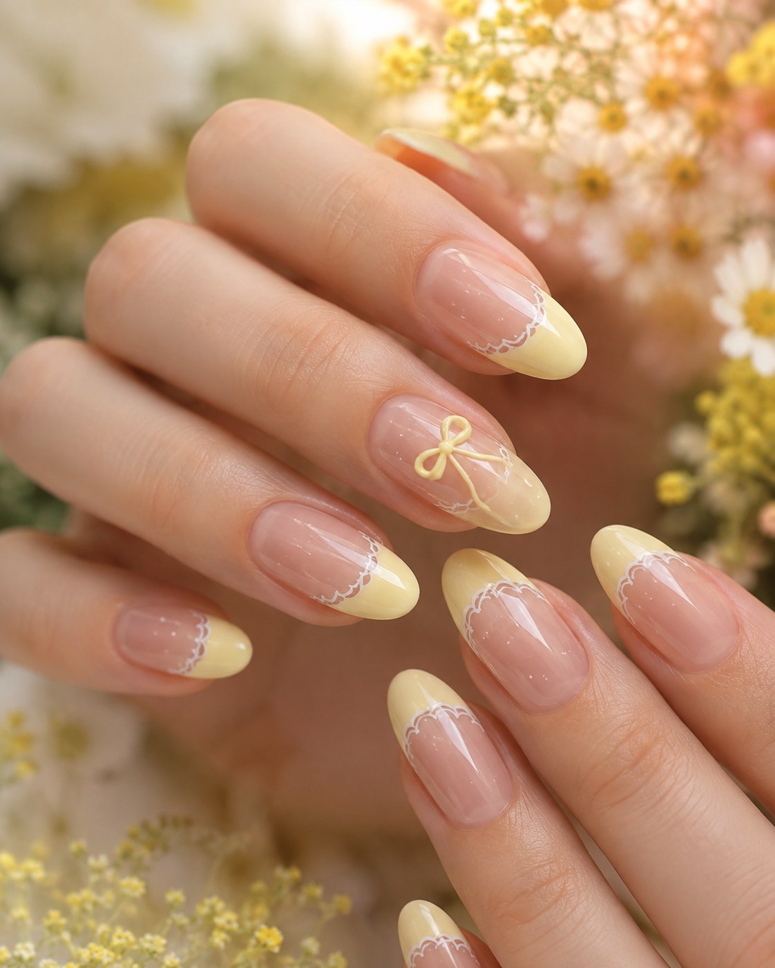 Sheer yellow lace French tip nails with a bow accent for spring