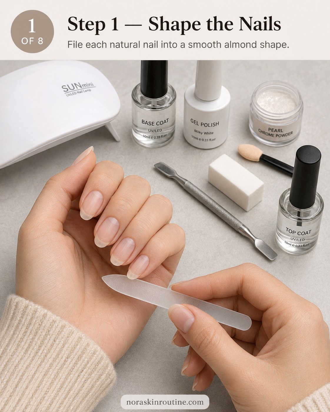 Filing natural nails into a smooth almond shape for pearl chrome nails preparation