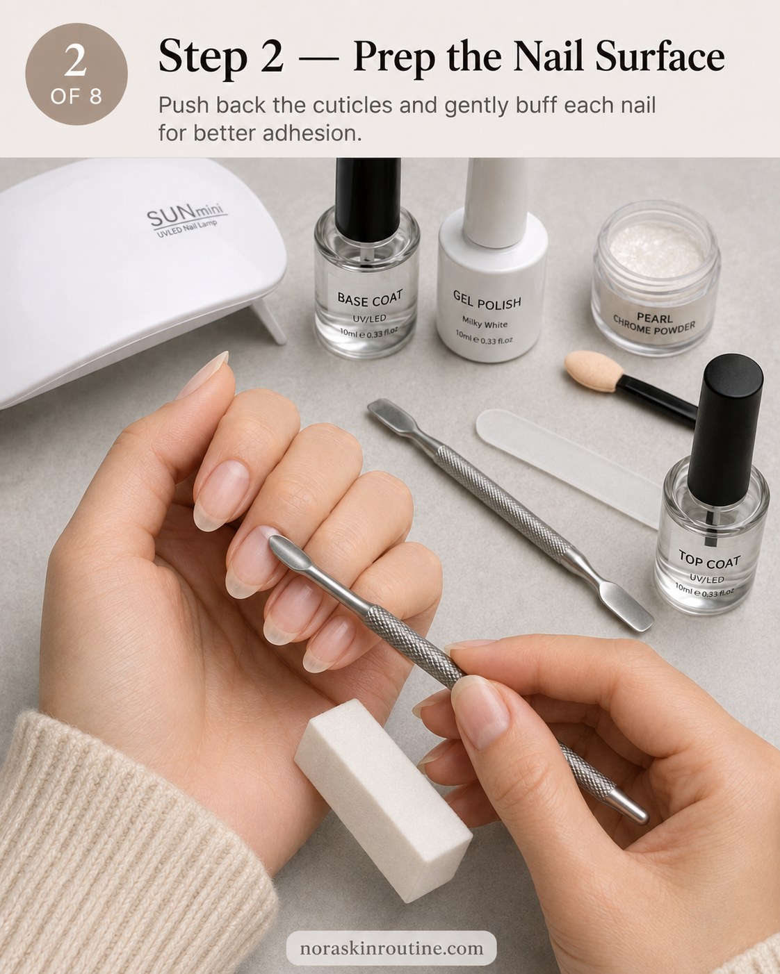 Pushing back cuticles and buffing the nail surface before pearl chrome nails application