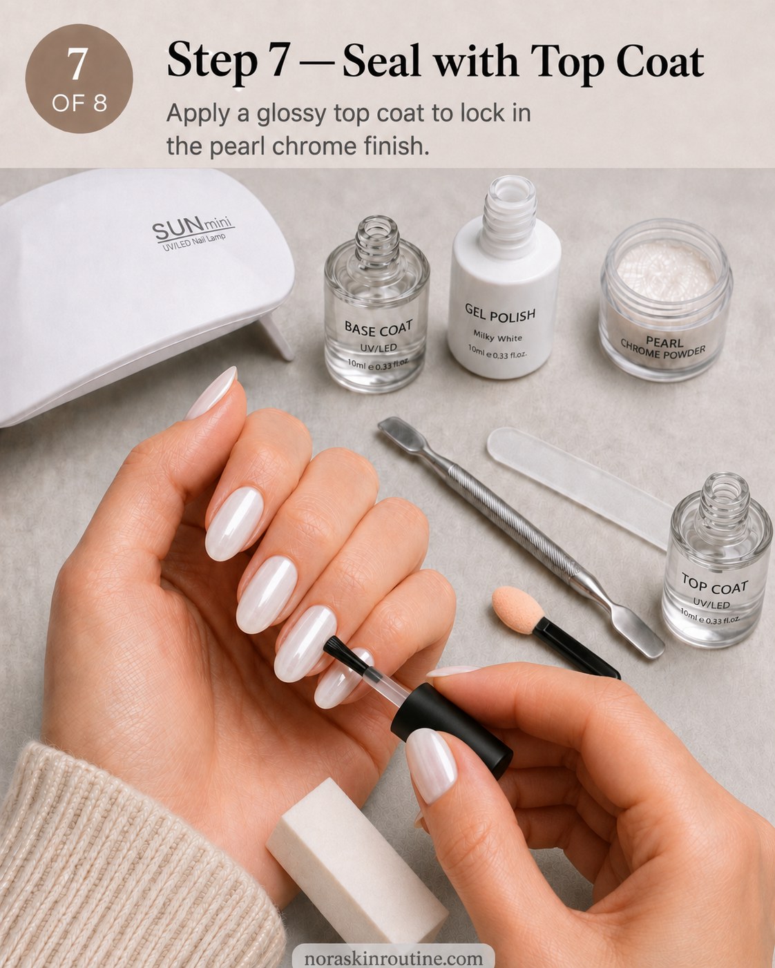 Sealing pearl chrome nails with a glossy top coat under a UV/LED lamp