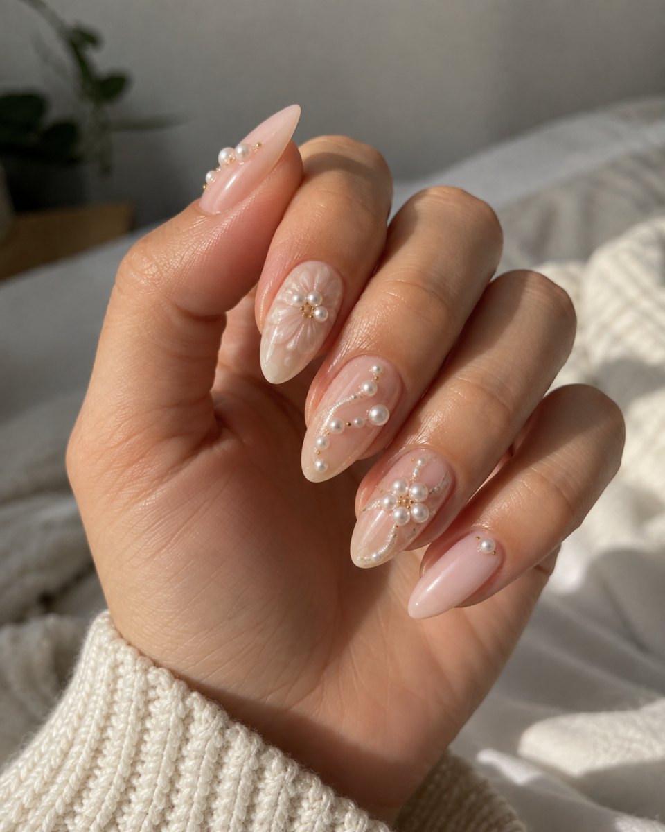 Pearl embellished almond nails