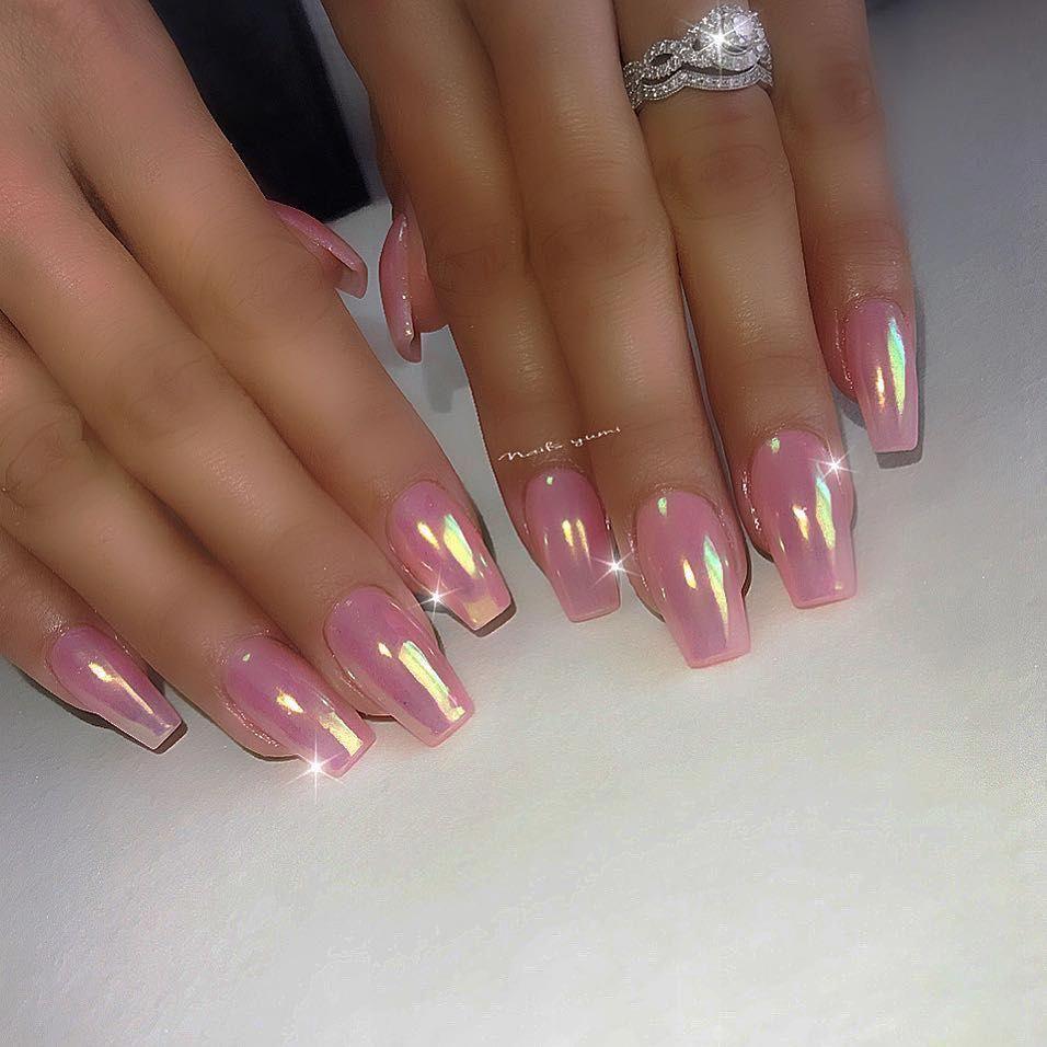 Pink chrome coffin glam nails