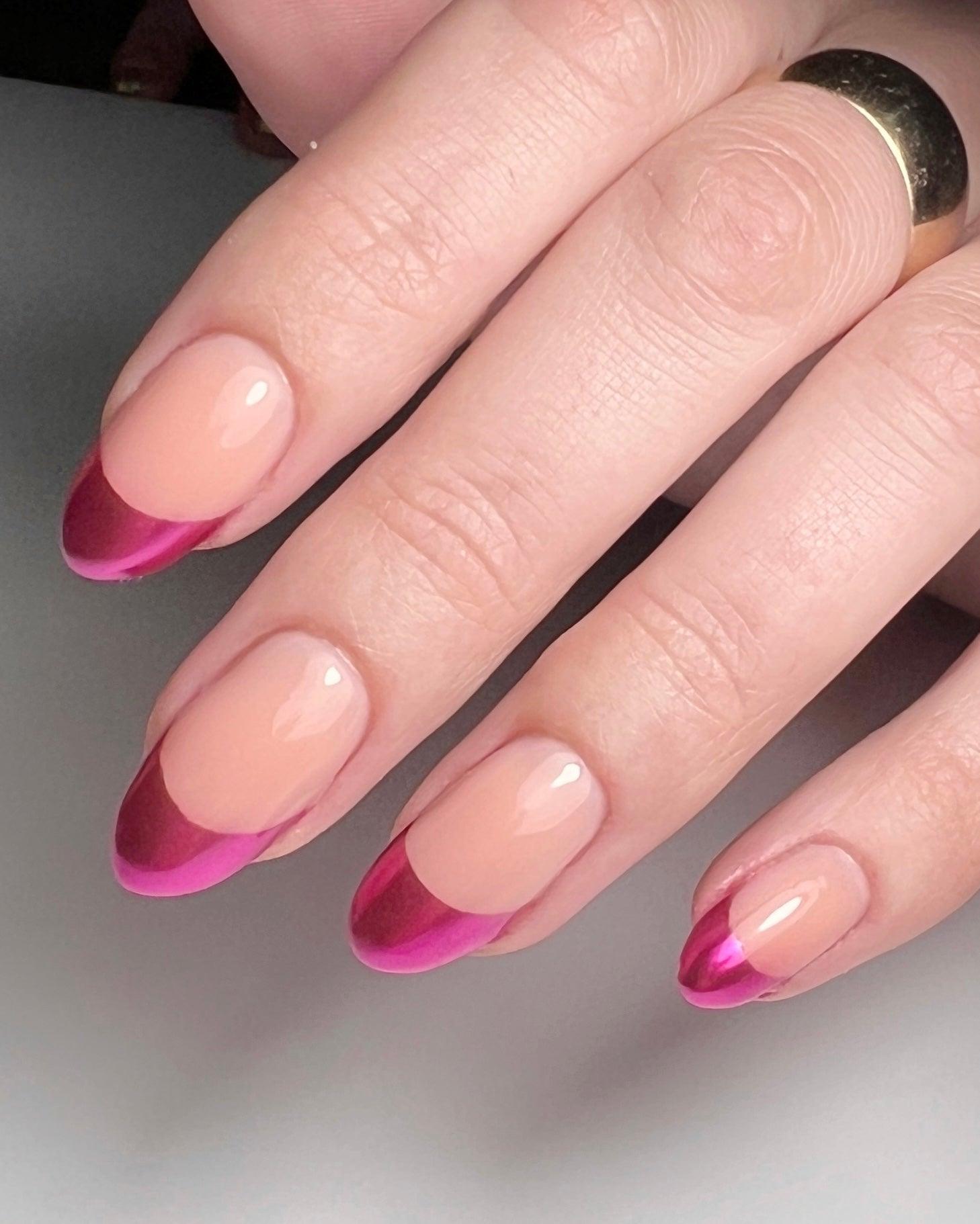 Pink chrome French tip nails
