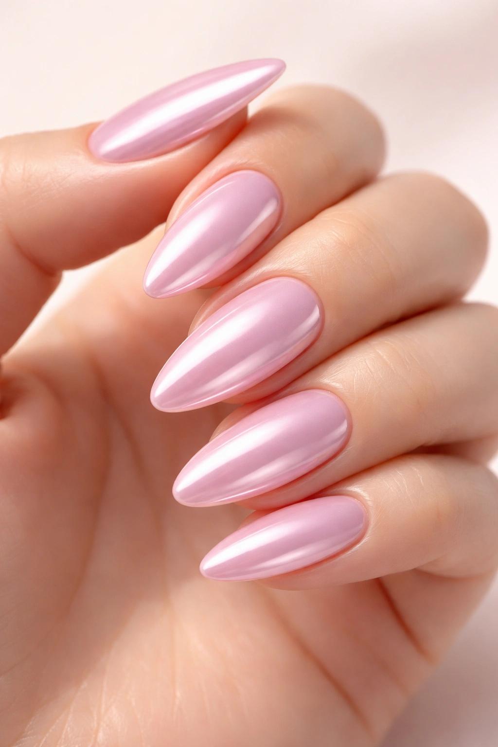 Almond shaped pink chrome nails