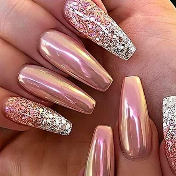 Pink chrome glitter highlight nails
