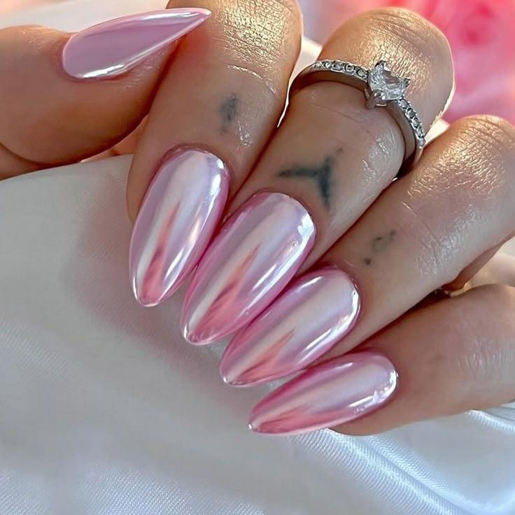 Mirror shine pink chrome nails