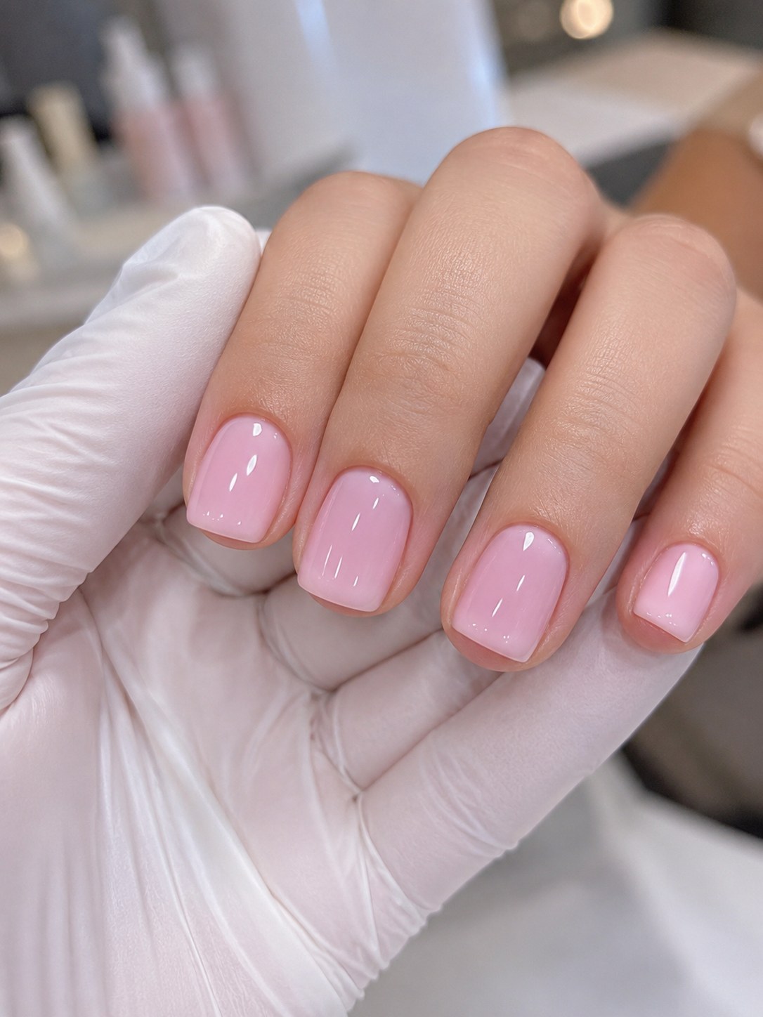 Short square pink coffin nails with a glossy solid baby pink gel finish