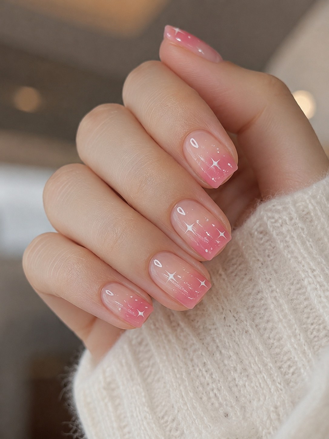 Short pink coffin nails styled with a soft ombre fade and fine silver star details