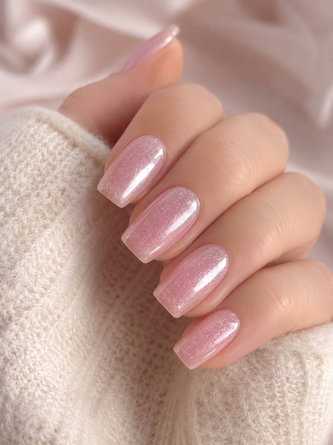 Short pink coffin nails finished with a fine shimmer polish for extra shine