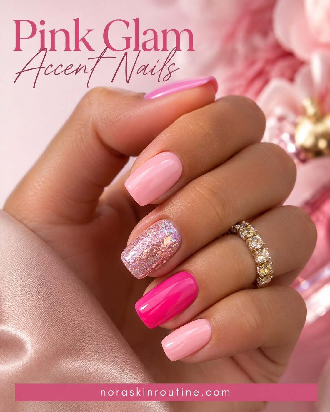 Pink short nails combining a light pink base with glitter and hot pink accent fingers