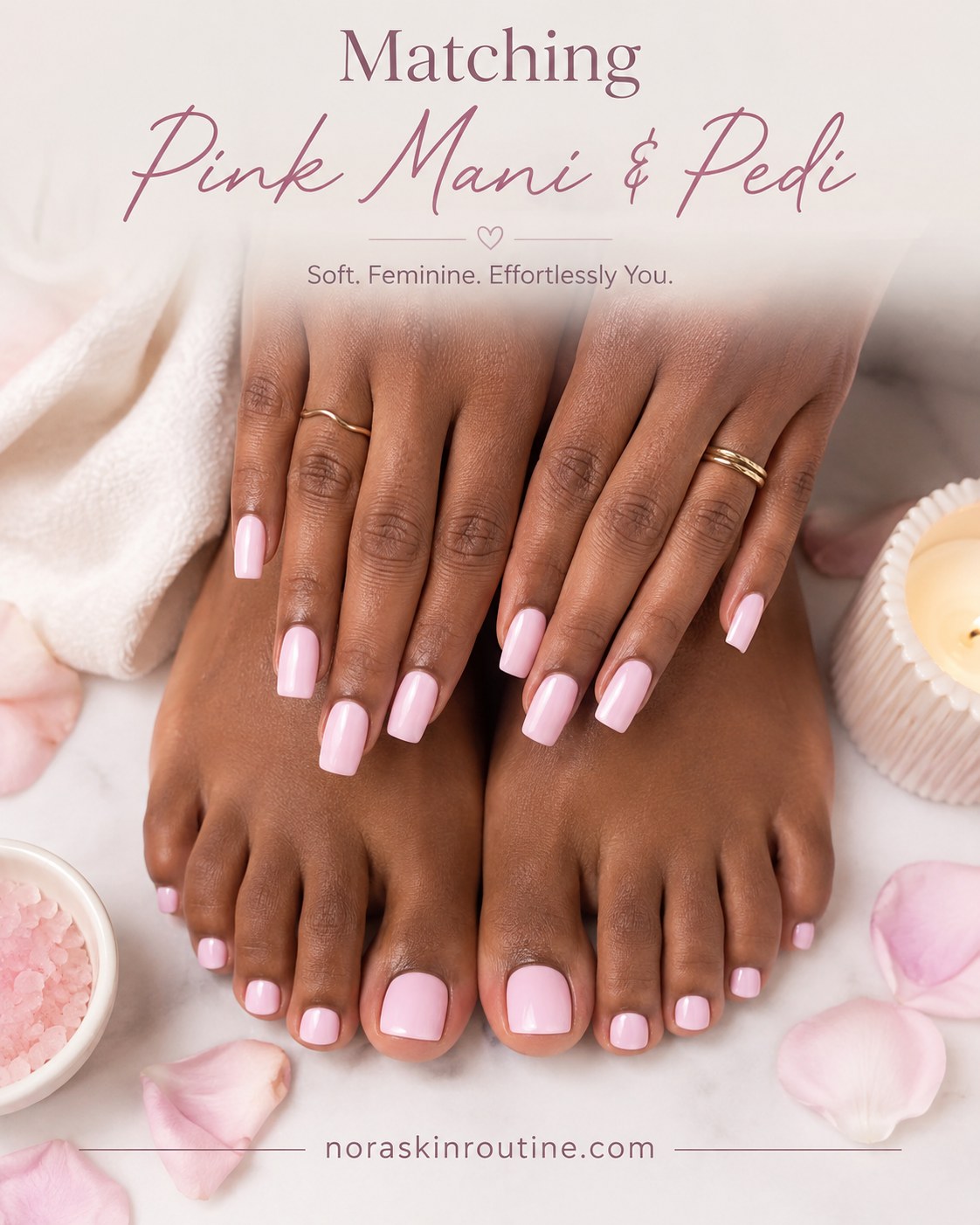 Matching soft pink short nails on hands and toes for a coordinated manicure and pedicure