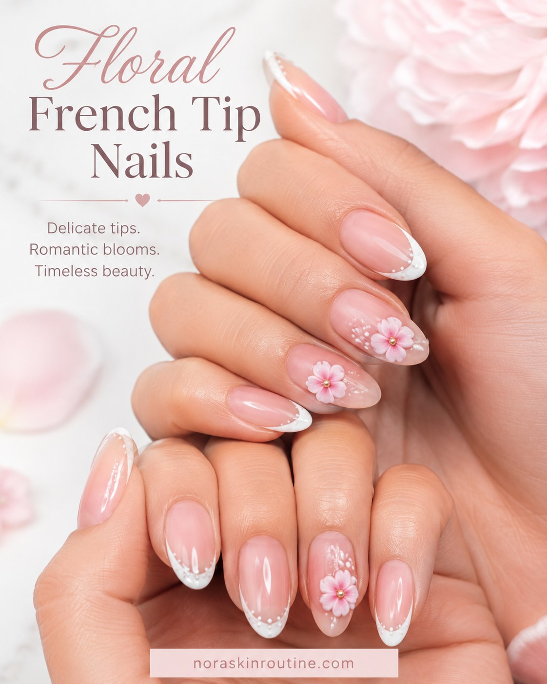 Short almond nails with white french tips and delicate hand-painted pink flowers