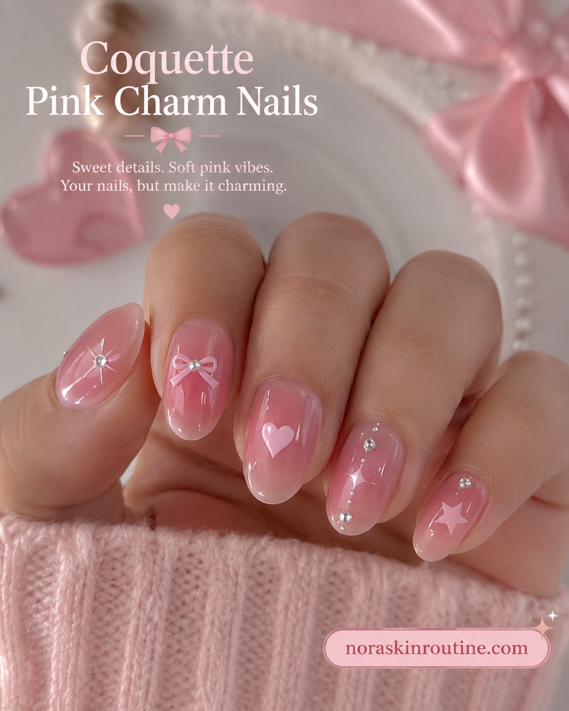 Milky pink short nails with tiny hearts, bows and rhinestone charm details