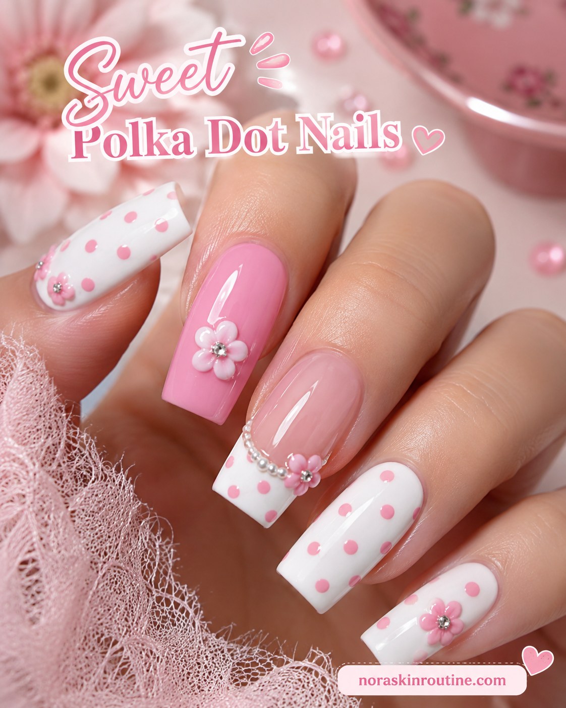White and pink polka dot short nails with a floral accent and pearl details