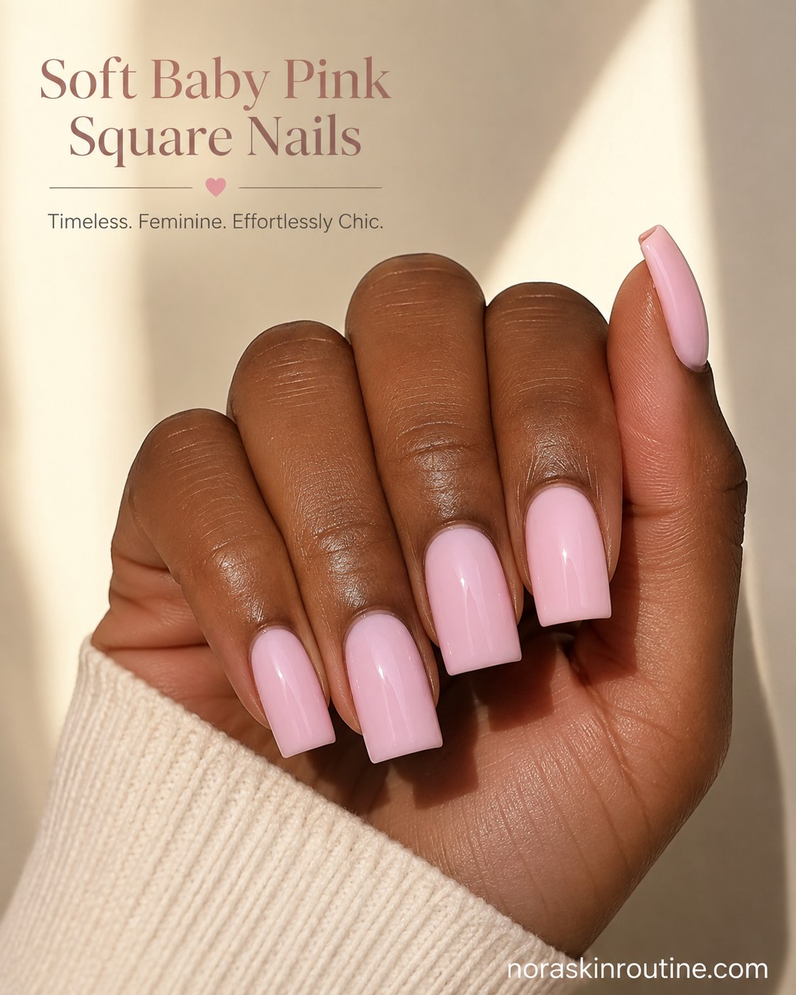 Baby pink short square nails with a glossy, milky finish on natural nail beds