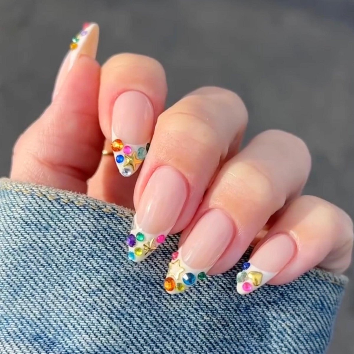 Rainbow gemstone French manicure