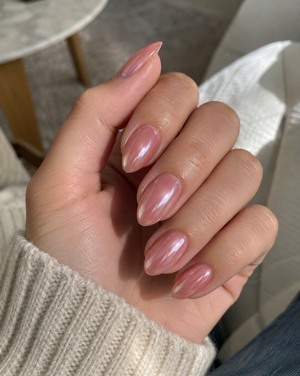 Rose tinted Hailey Bieber glazed donut french tips manicure