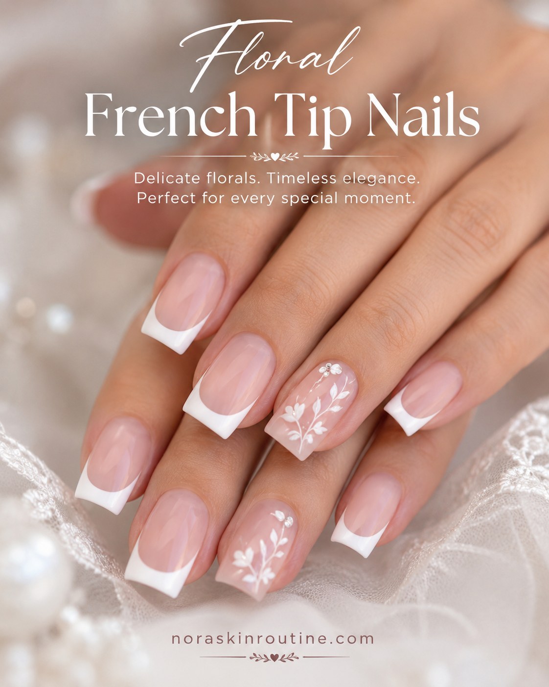 Short french tip nails featuring delicate hand-painted white florals