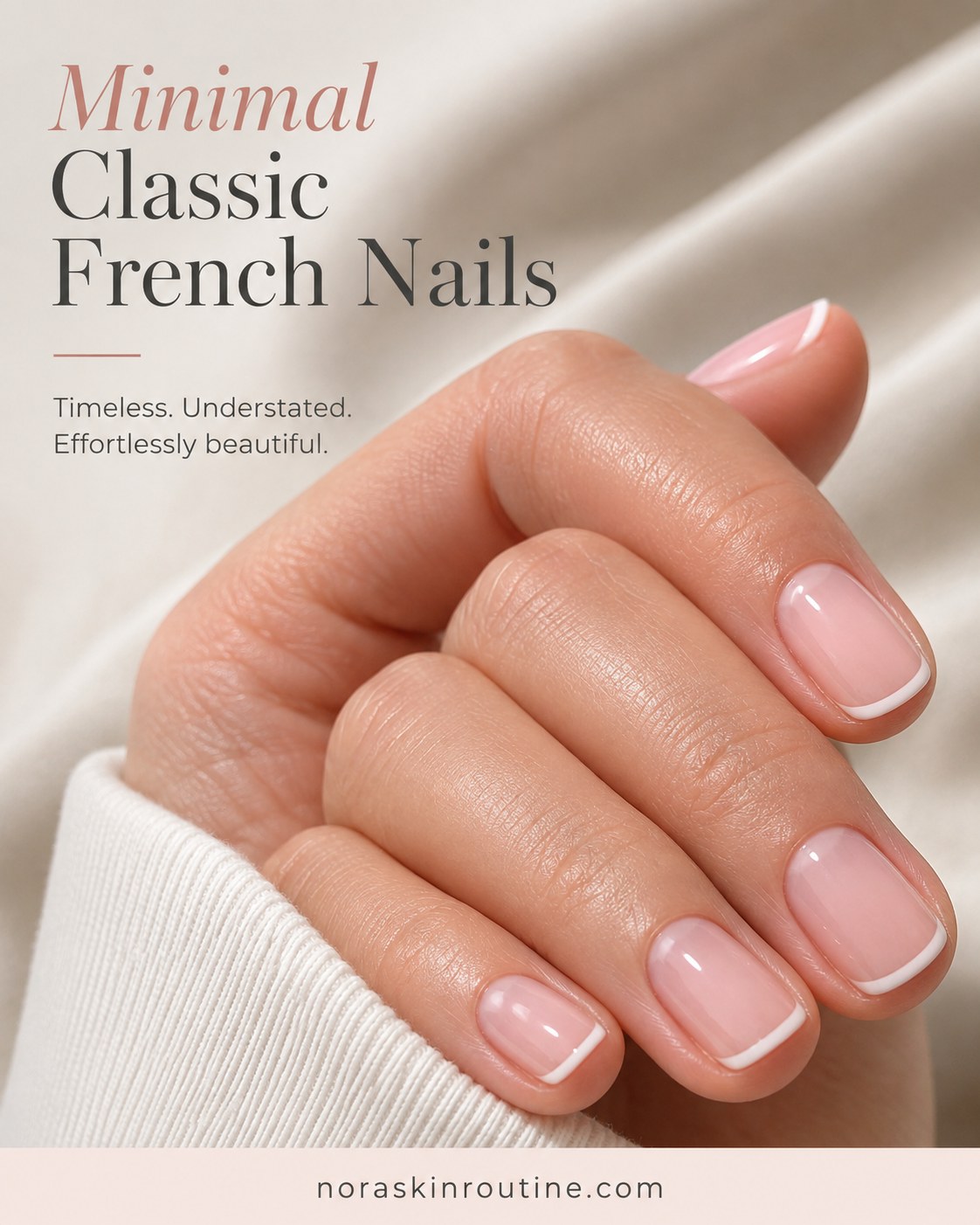 Short french tip nails with a minimal, thin white line for everyday wear