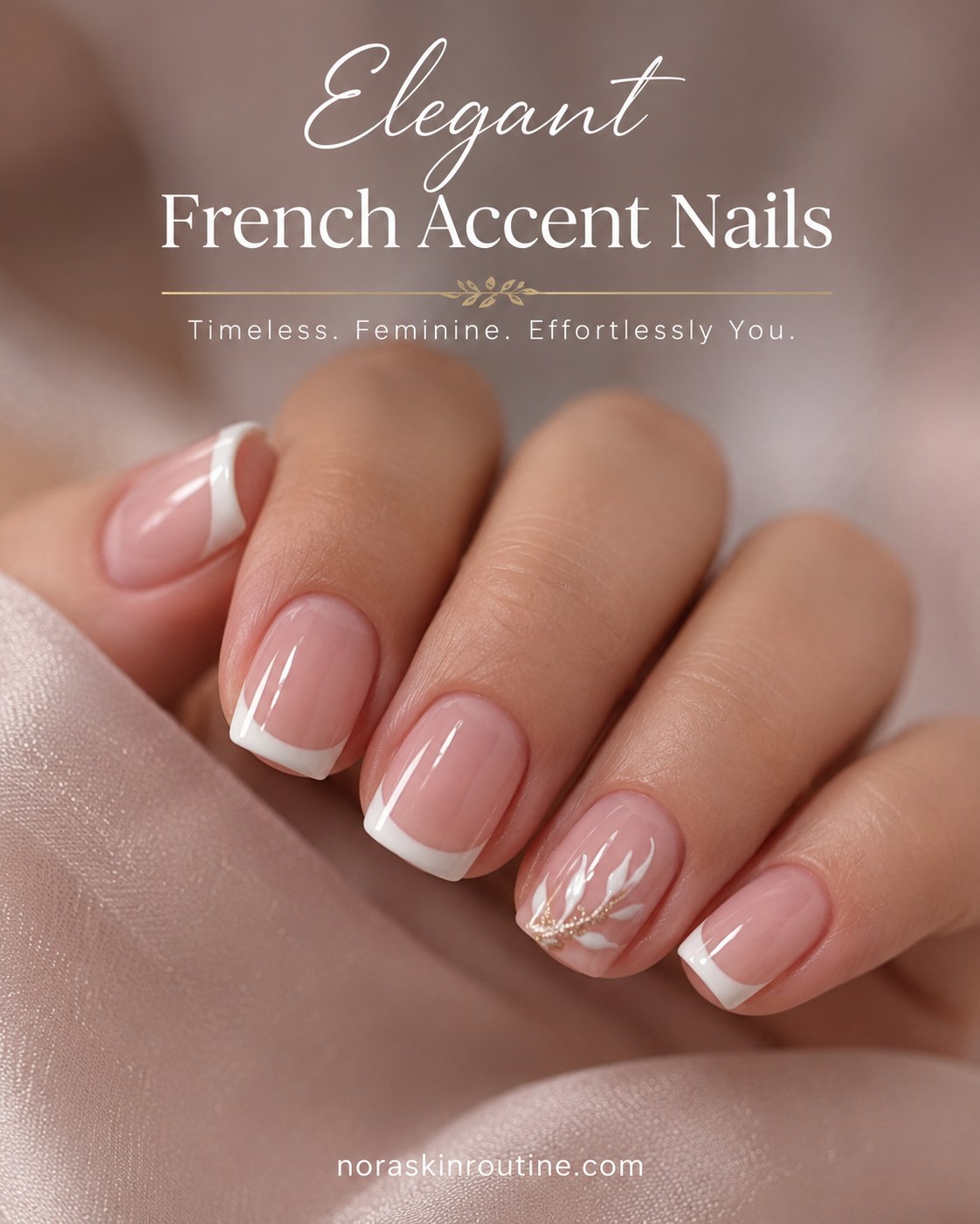 Short french tip nails with a gold linework accent nail for elegance