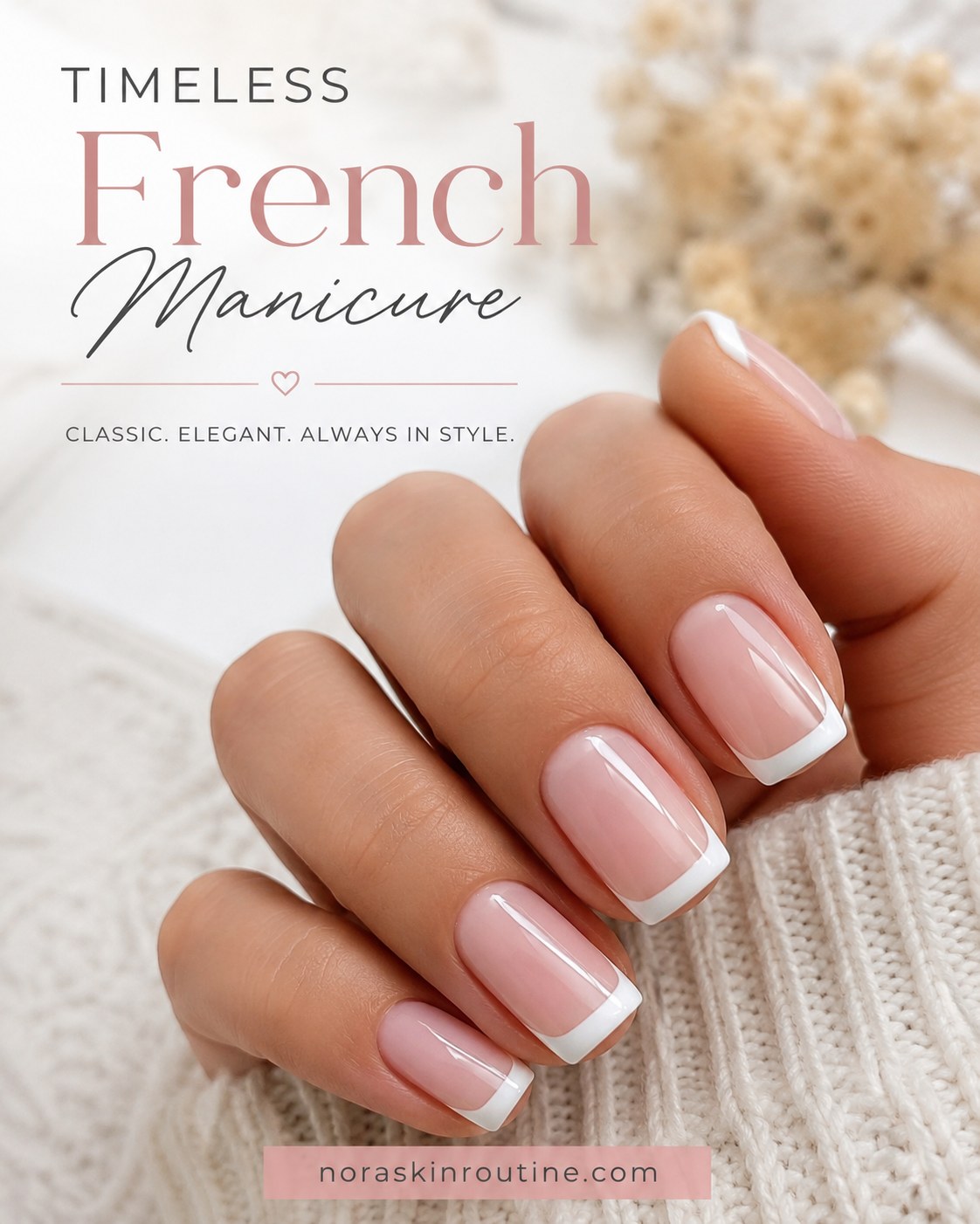Short french tip nails in the timeless classic white-tip manicure style