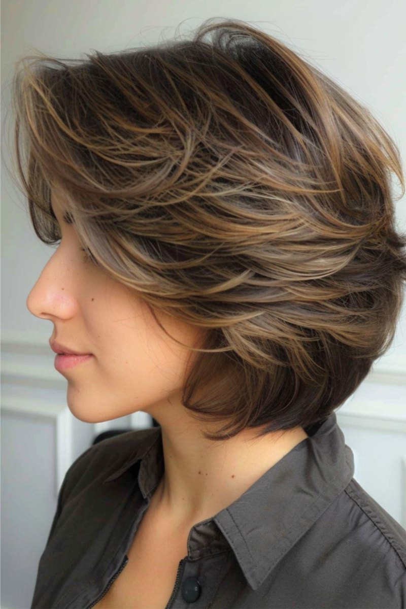 Short brunette layered blowout haircut with sculpted layers