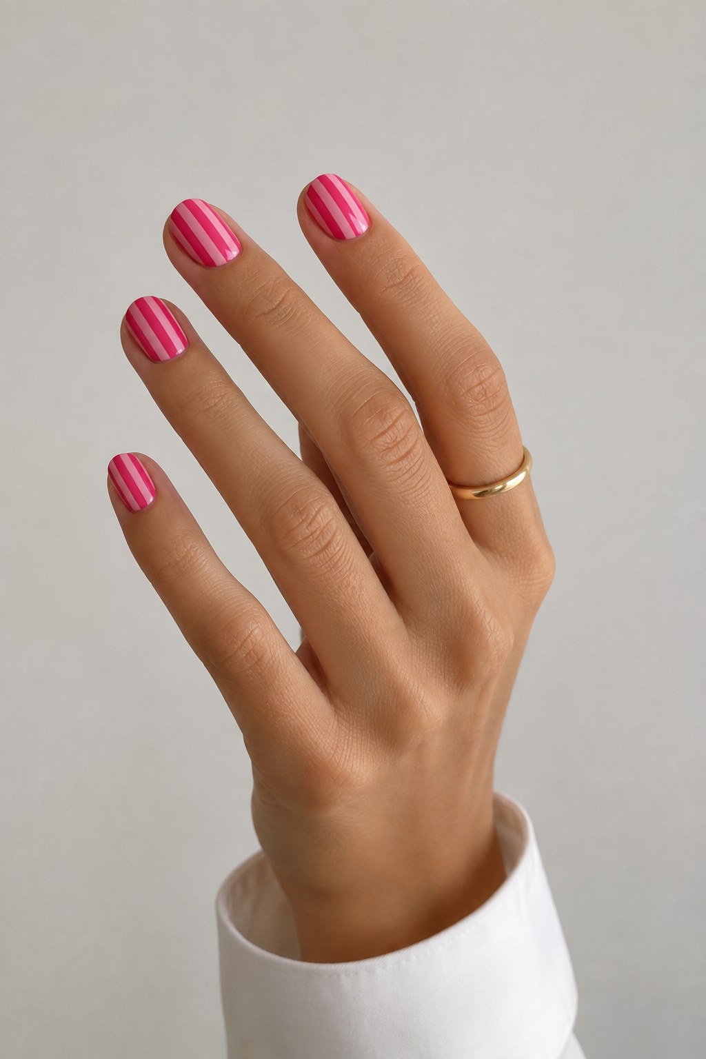 Short summer nails painted with bold pink and white candy stripes on a rounded natural shape