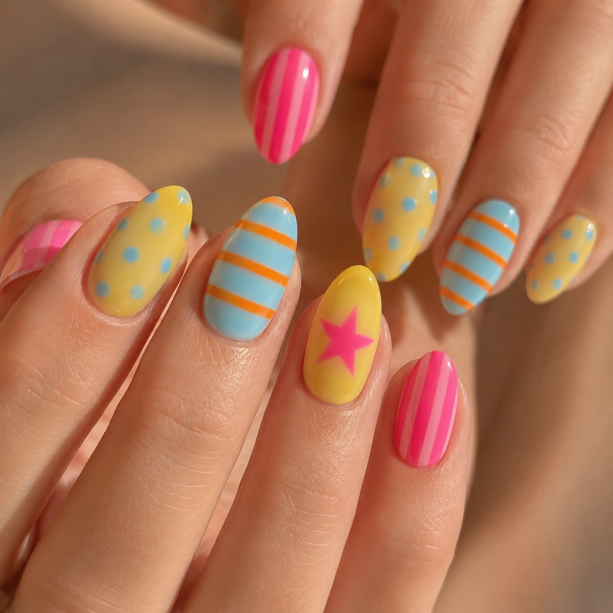 Short summer nails featuring mixed pastel patterns with stripes, dots, and a pink star accent