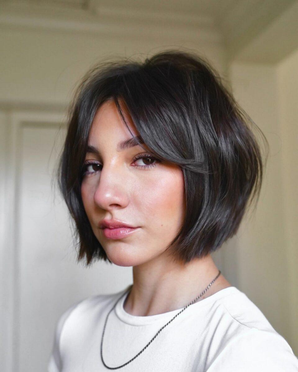 Short bob with wispy curtain bangs