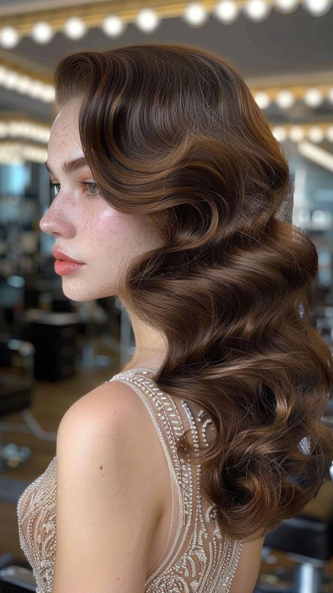 Side part Hollywood waves hairstyle