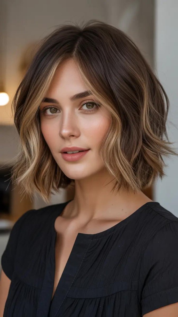 Soft brown bob with face framing highlights