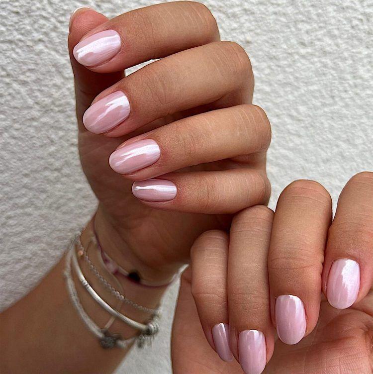 Soft pink chrome inspired manicure