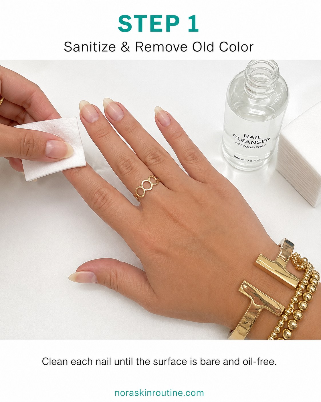 Cleaning a bare nail with acetone-free cleanser before starting teal chrome almond nails